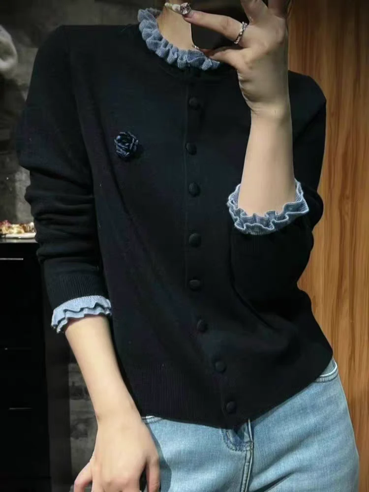 25新款木耳领单排扣针织开衫女韩系温柔漂亮上衣