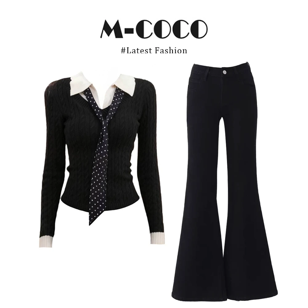 法式撞色翻领波点领带麻花针织毛衣显瘦微喇裤冬季套装