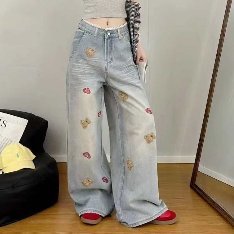 春秋新款复古休闲宽松小熊刺绣牛仔裤女高腰显瘦阔腿直筒拖地长裤