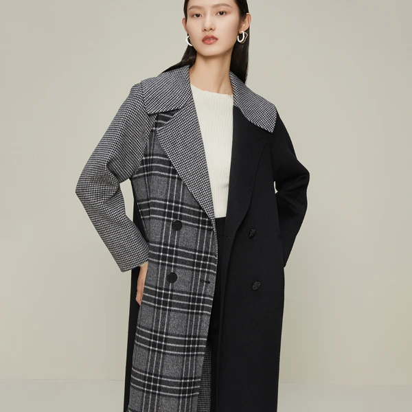 【力力淘】长款毛呢时尚格子大衣气质长款复古毛呢外套M431887