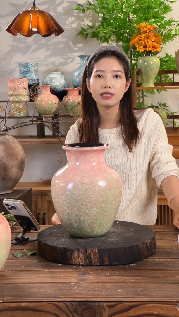 【绿脂凝春-大号胖肚瓶】无孔水培桌面陶瓷花瓶鲜花干花插花花器