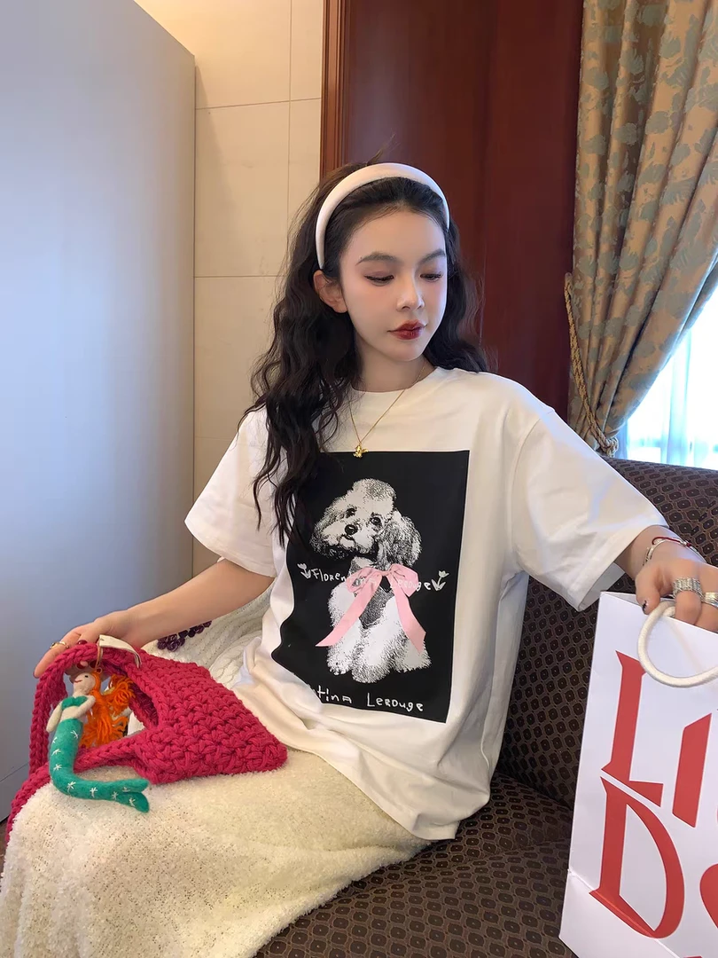 le rouge周美美 蝴蝶结像素小狗印花螺纹圆领印花纯棉宽松短袖T恤