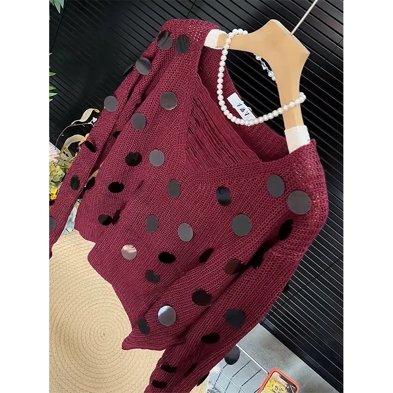 欧货酒红色重工亮片长袖套头针织衫女秋设计感慵懒风宽松百搭上衣