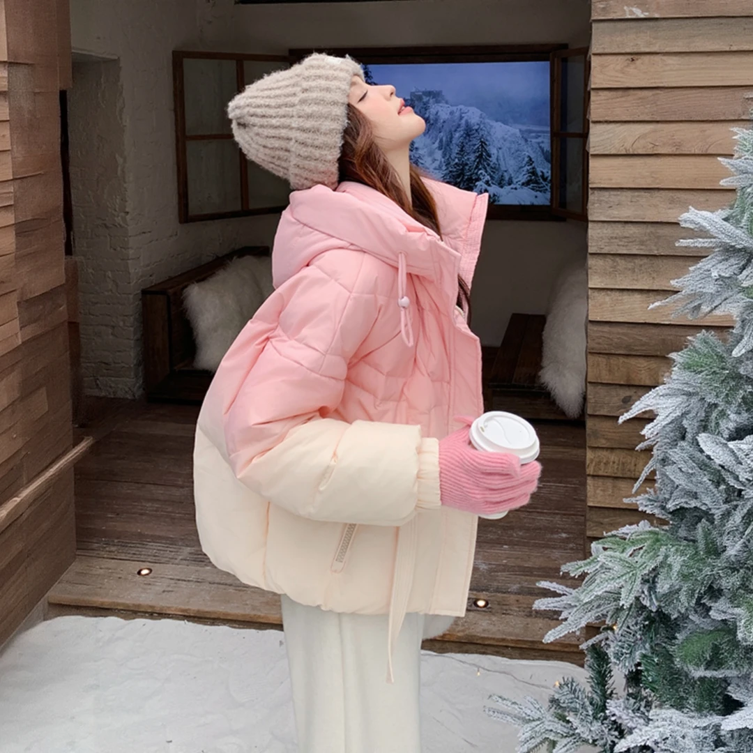粉色渐变连帽羽绒服女冬2025新短款小个子设计感超好看多巴胺外套