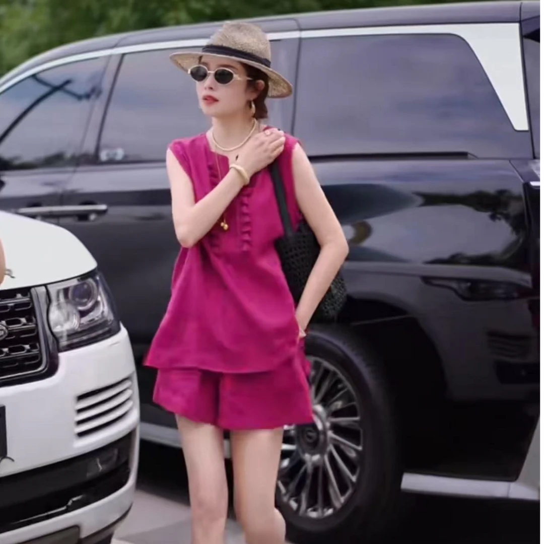 华丽微微【云纱】夏季新款纯色V领坎肩高级感亚麻衬衫C1475