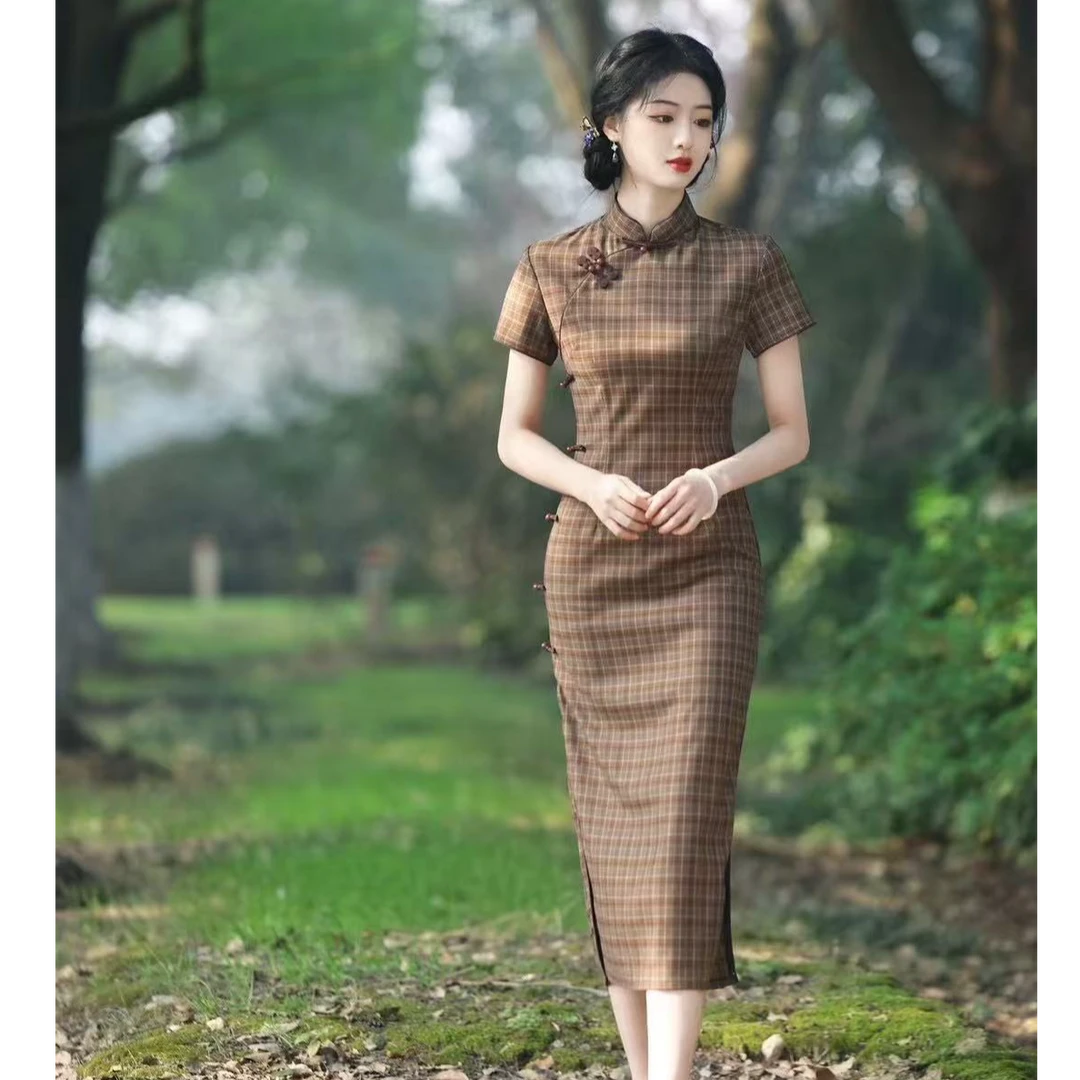 【晴鸢】庸册格子低开衩包臀裙旗袍日常气质显瘦少女小个子修身风