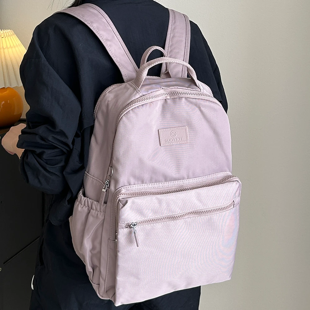 简约纯色双肩包大容量女旅行包电脑背包百搭高中大学生书包休闲潮