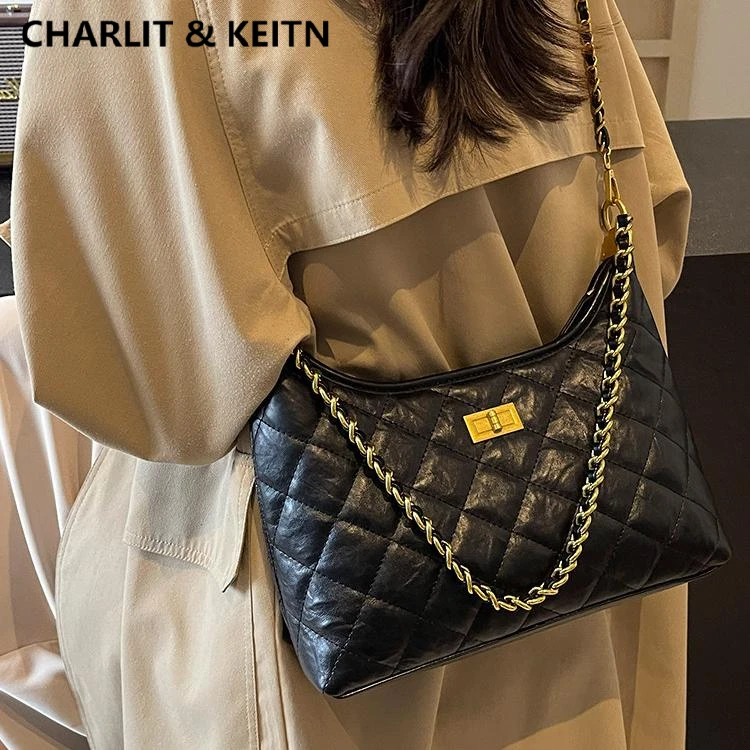 CHARLIT&KEITN包包女2025新款真皮菱格包小众轻奢单肩链条斜挎包