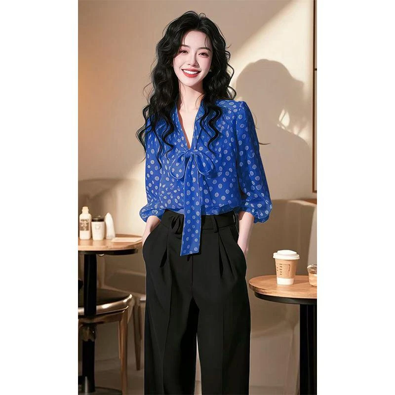 2060爆款小衫法式重要场合气质上衣橘色波点蝴蝶结系带衬衫女春季