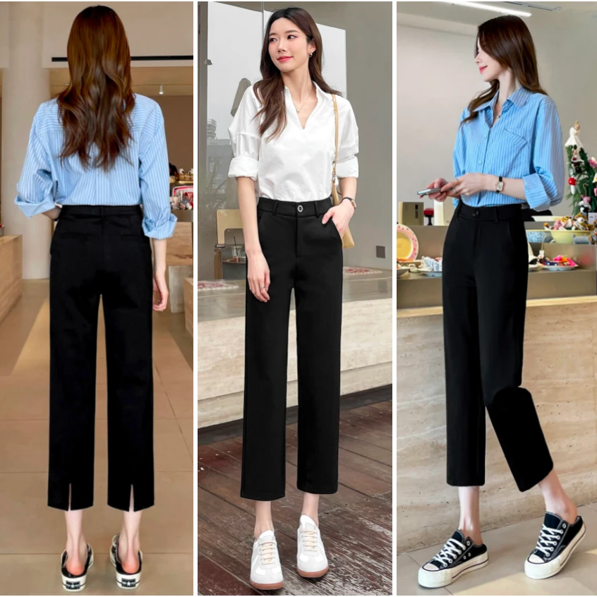 春夏【四面弹】春夏薄款后开叉烟管裤八九分休闲2025显瘦百搭直筒裤