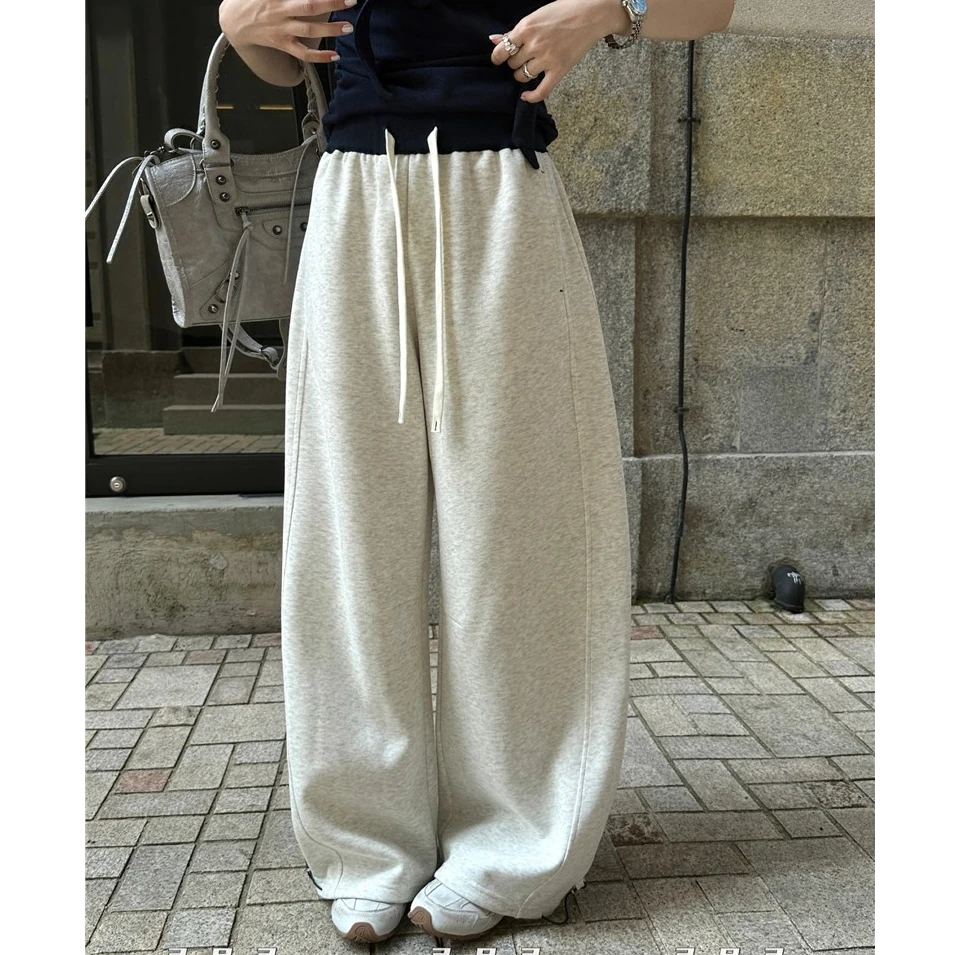 2025秋季慵懒风拼色弯刀裤女款阔腿宽松运动潮牌卫裤抽绳休闲裤子