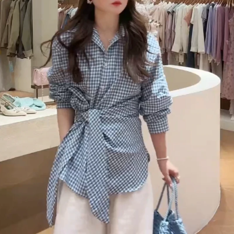 2025春夏季新品烫钻格子蓝色韩版气质翻领系带收腰衬衣LK2502071