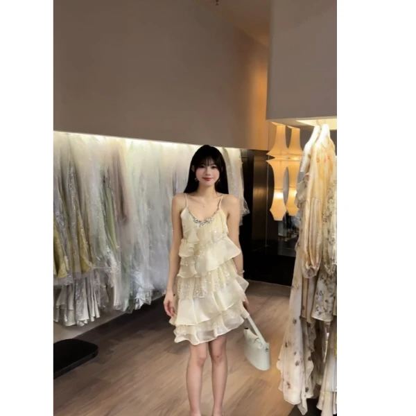 气质纯欲风亮片荷叶边吊带连衣裙女夏季小众辣妹定制拼接a字短裙