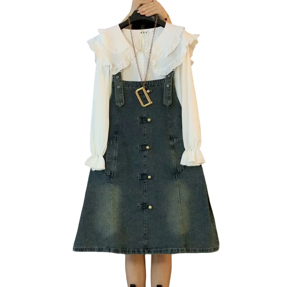 大维罗依HH 春季新款盘扣牛仔复古风背带裙娃娃领衬衫两件套套装