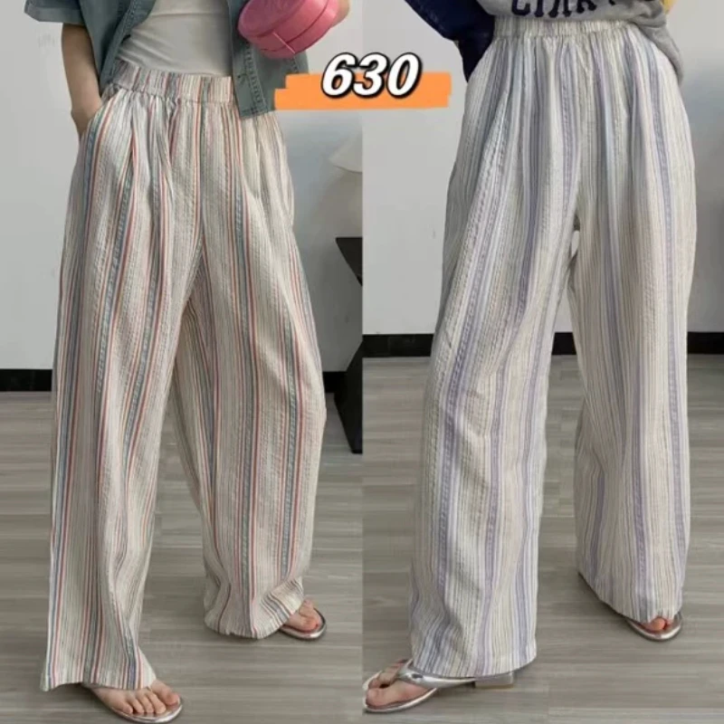 C202裤子女新款夏季薄款棉麻条纹阔腿裤休闲宽松显瘦垂感长裤女士