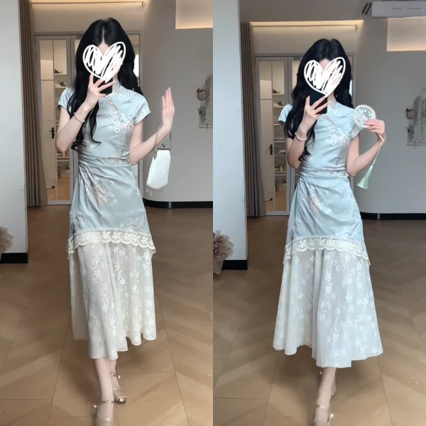 高端轻奢新中式风盘扣连衣裙夏设计感拼接蕾丝边碎花裙2025夏季新