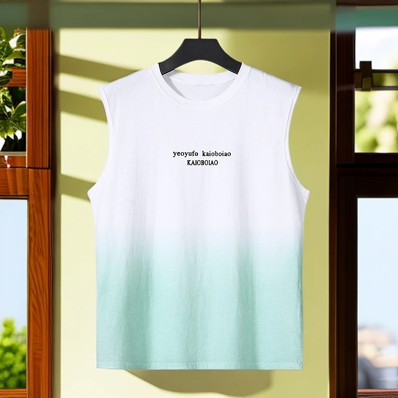渐变色无袖T恤男夏季加肥加大码胖人宽松休闲运动汗背心白色上衣