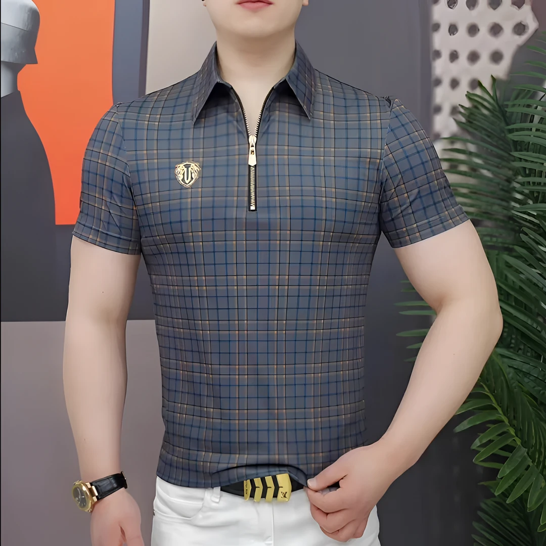 欧货夏季男士冰丝短袖T恤格子凉感翻领轻奢时尚透气半拉链POLO衫