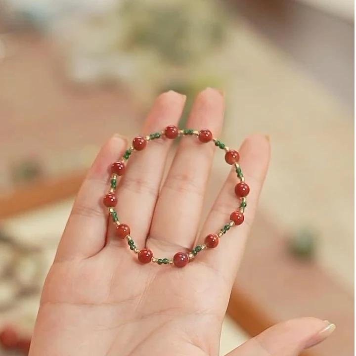 【云边】火焰纹南红 绿翡配饰 手串（多样性发货）