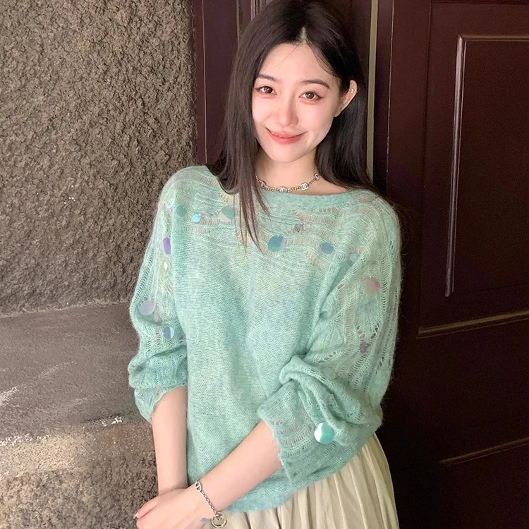 韩系绝美气质温柔风镂空亮片毛衣女早秋慵懒氛围感圆领针织衫上衣