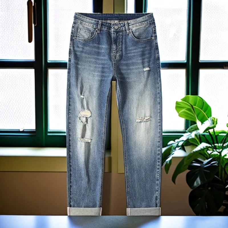 娜罗普西新款男士牛仔裤长裤修身薄弹力小脚裤大码潮流破洞直筒裤