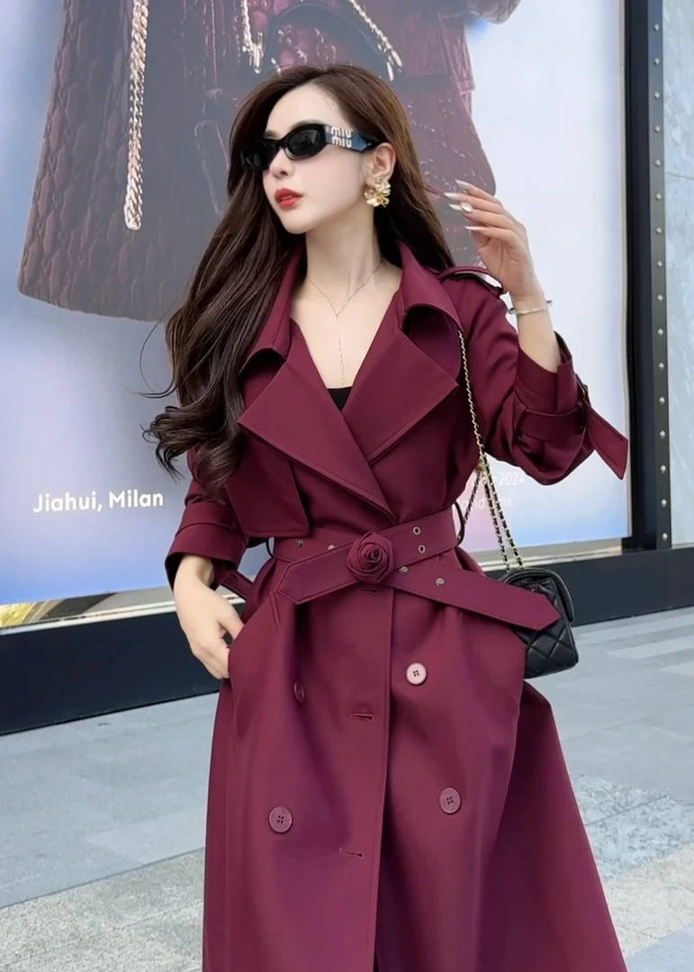 【春装新款】DI29春季显瘦时尚气质中长款安哥拉红色风衣外套长款