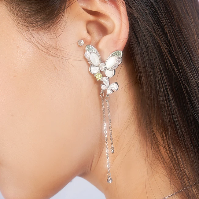 铜合金合成锆石耳饰 【小呆鸟专享】《psyche》轻奢蝴蝶彩色流苏耳环
