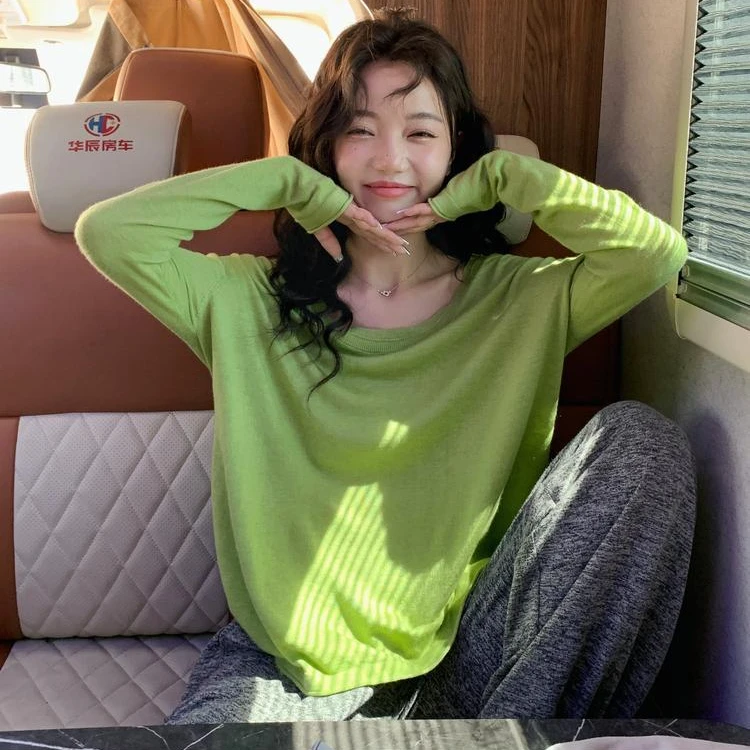 张贝贝ibell 百搭舒适针织长袖T恤奶油慕斯春秋薄款修身罩衫上衣