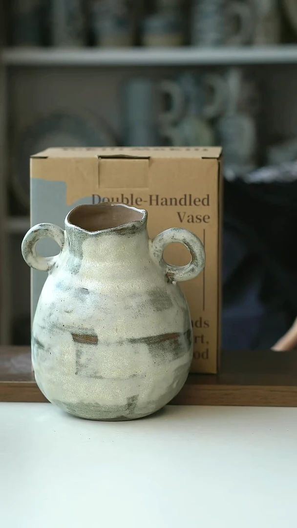 Yoki粗陶手作烟岚双耳花瓶13.5cm@4-2@