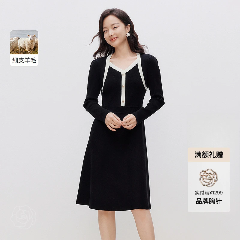 【珂莱蒂尔】25春新款时尚长袖气质修身中长款优雅连衣裙KF11853W0