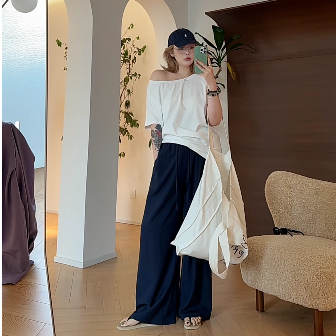 【瘦瘦】大码夏季一字肩设计感纯色百搭显瘦宽松时尚短袖S01518