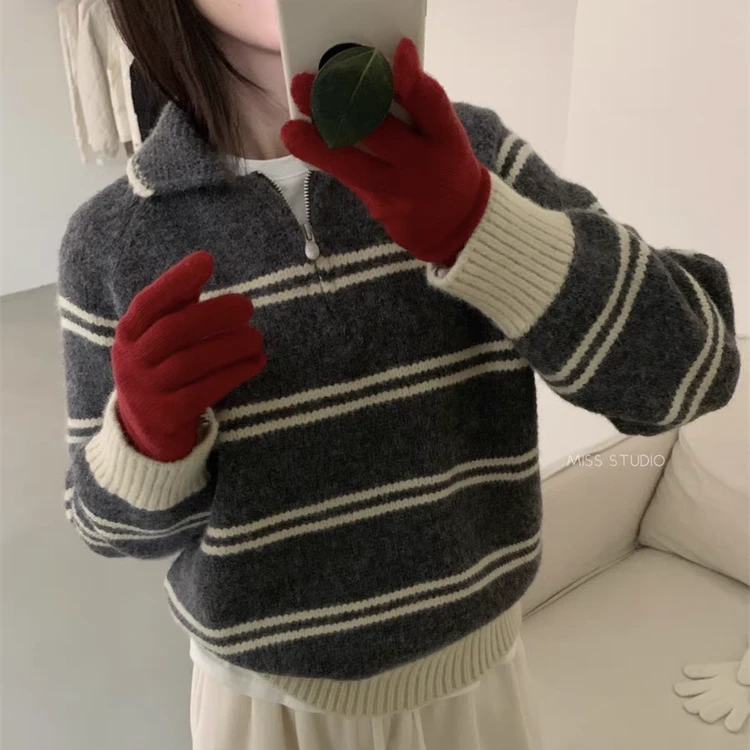秋冬韩系撞色条纹半拉链polo翻领宽松套头针织衫内搭软糯保暖毛衣