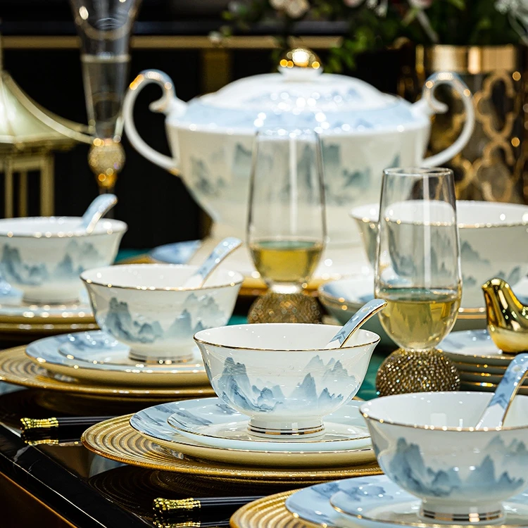 千里江山中式碗盘全套景德镇骨瓷餐具家用乔迁之喜送礼碗碟盘