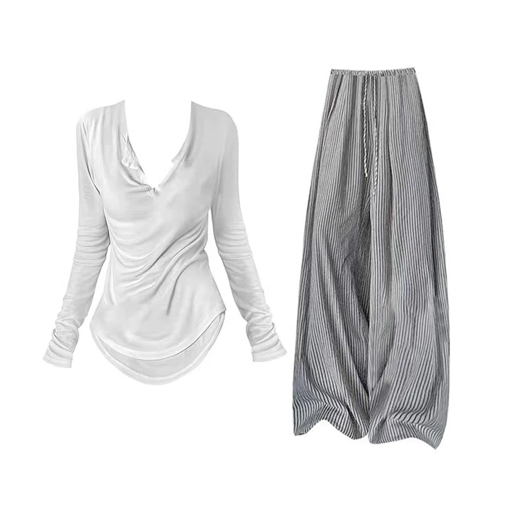 parkyeon夏季慵懒风V领防晒长袖上衣设计感条纹宽松阔腿裤套装