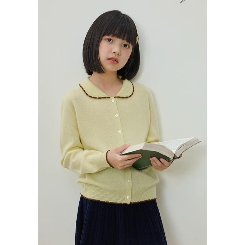 亲子女童娃娃领山羊绒百搭衣服针织薄款开衫毛衣T25111