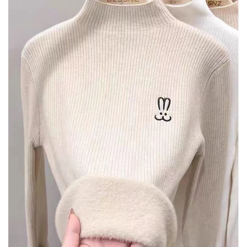 半高领一体绒毛衣女秋冬新款加绒加厚内搭打底针织衫保暖