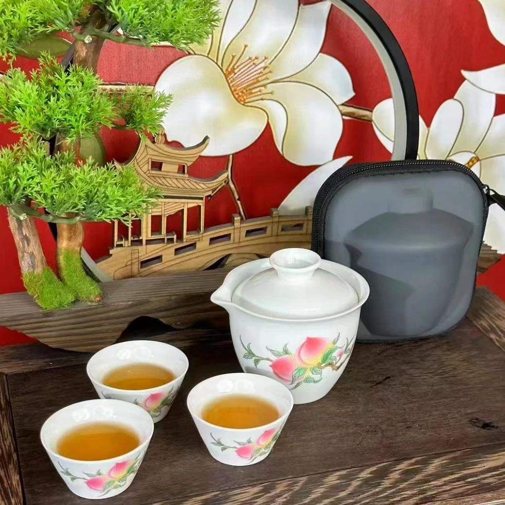 YS552-桃子旅行茶具车载高档户外旅游陶瓷手绘便携式白瓷