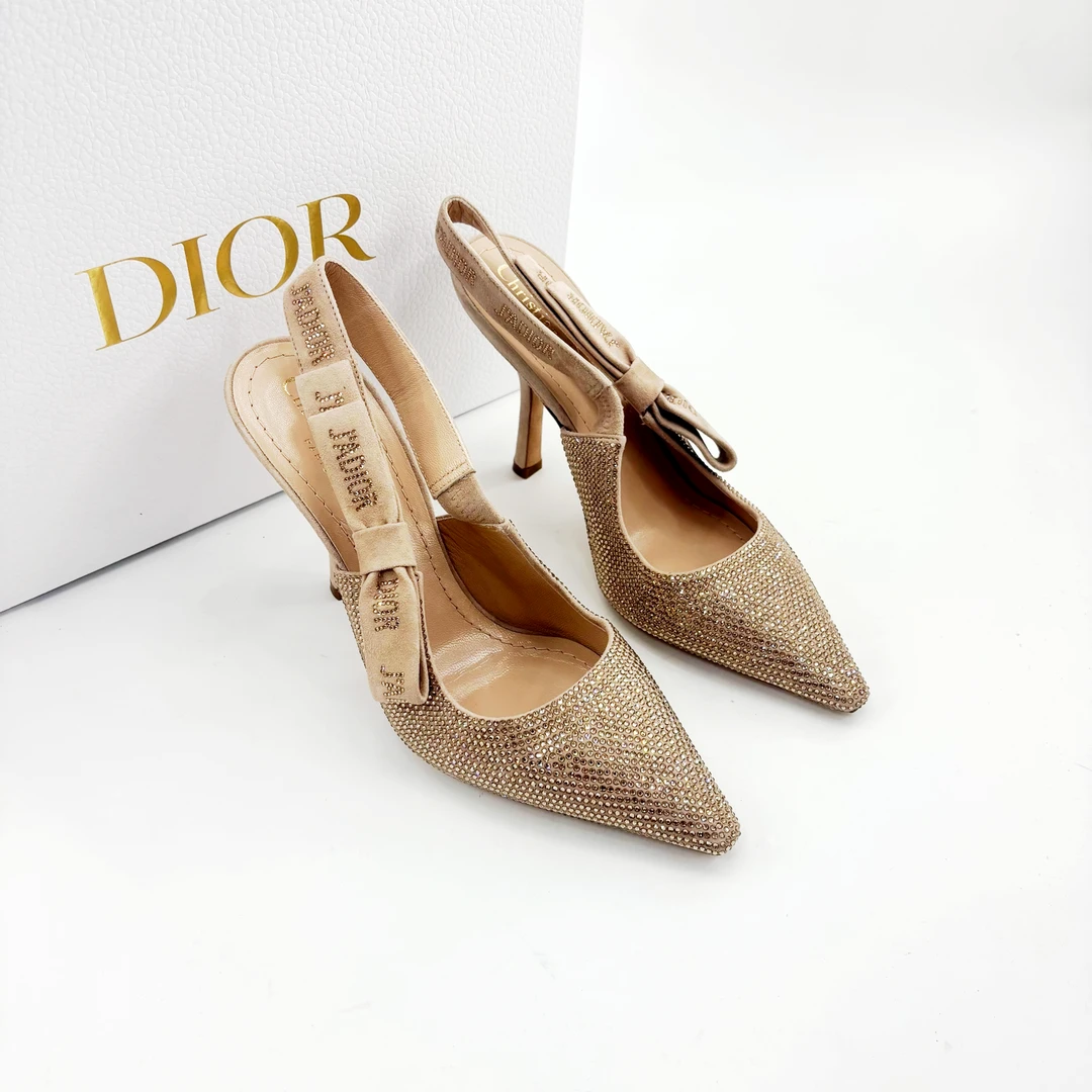 未使用 DIOR/迪奥 37码/时尚金色水钻标语高跟鞋/TT250593