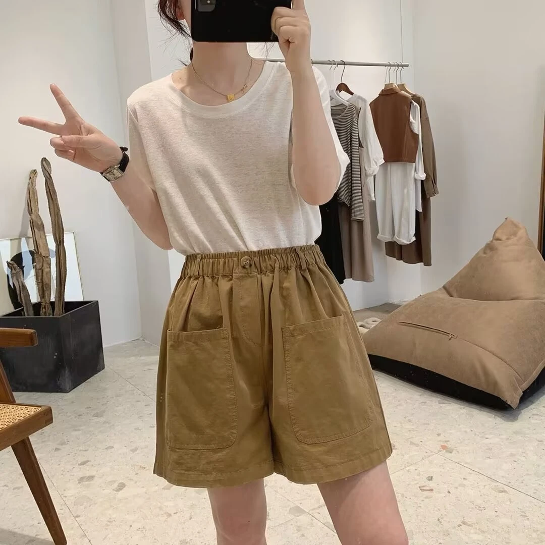【潼潼专属】简约大码休闲阔脚短裤松紧腰多口袋一粒扣短裤百搭显瘦