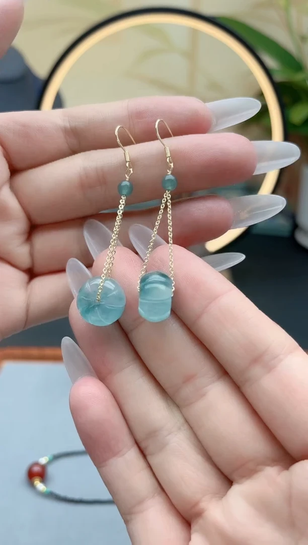 石英质玉（天山翠）银S925镶嵌耳饰00南瓜蓝水飘花