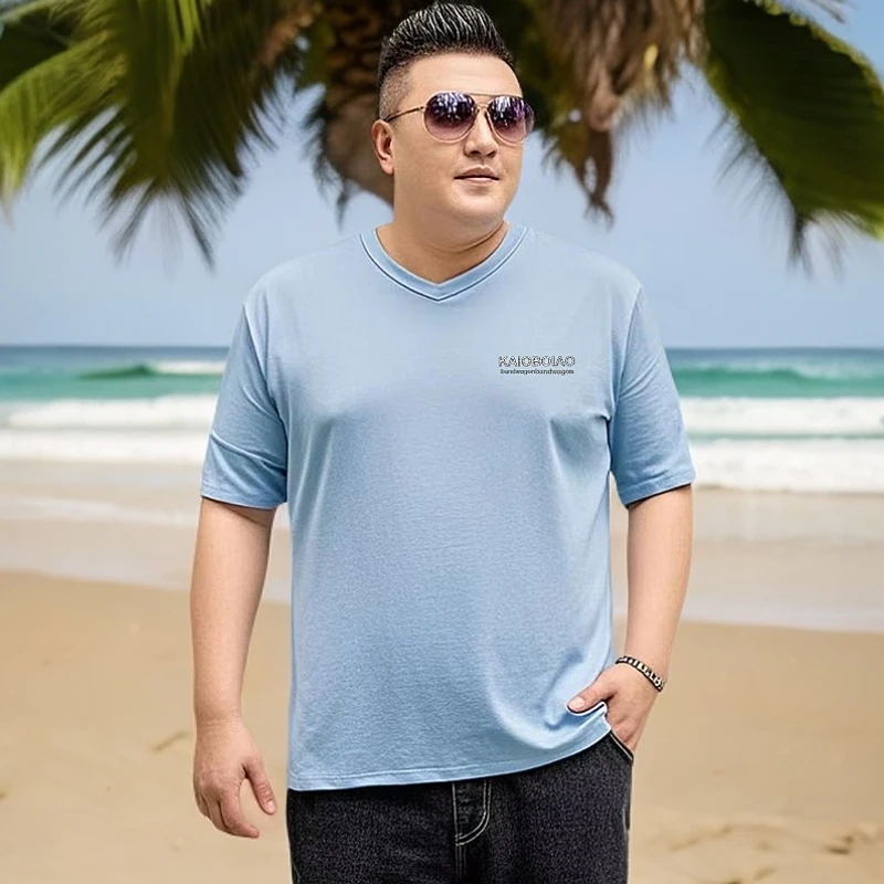 V领短袖T恤男士夏季宽松鸡心领加肥加大号打底衫套头上衣胖子肥佬