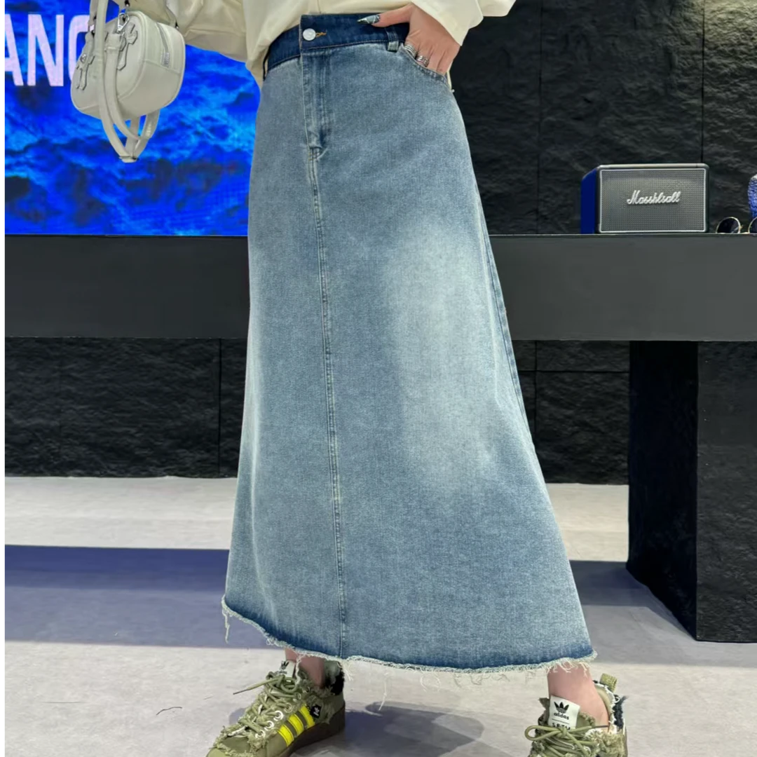 D56078设计感韩风显瘦半身裙拼色洗水做旧下摆随意流须牛仔裙