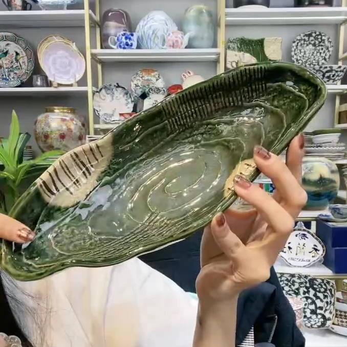 新品三【单支】日本进口濑户烧手绘织部丸纹船型钵碗27.5cm