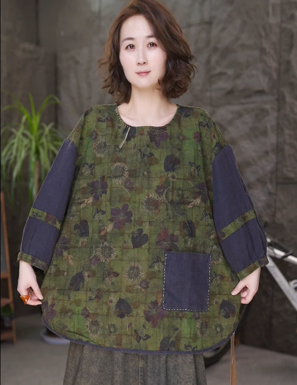 秋季新款圆领长袖亚麻明线口袋宽松休闲套头T恤女