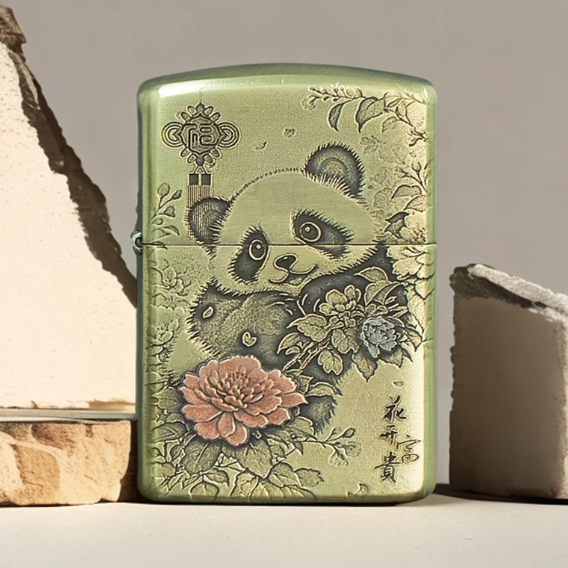 ZIPPO/之宝花开富贵熊猫纯铜盔甲紫铜贴片镶嵌正品打火机男士DYJ1