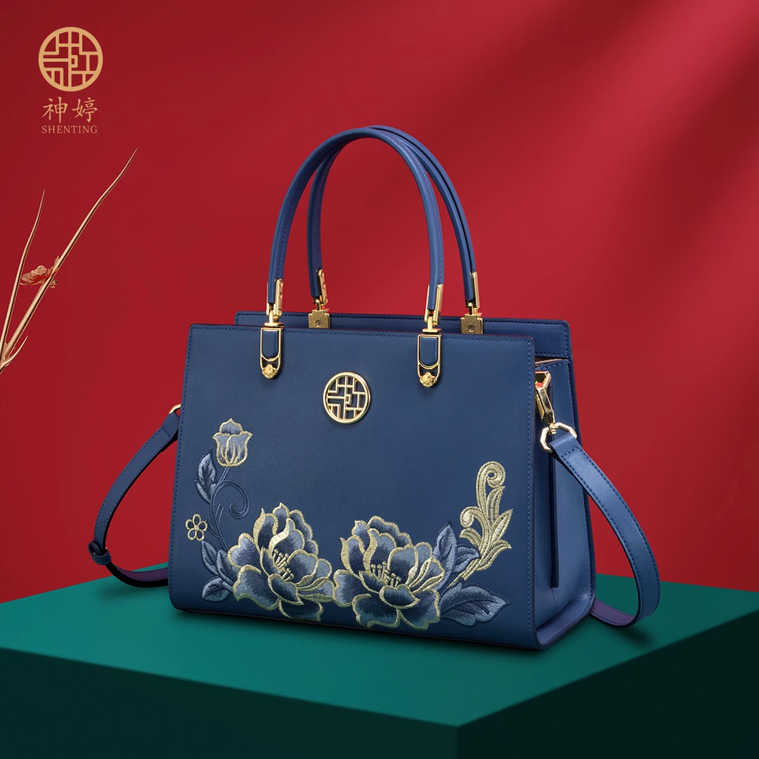 气质女包送老婆国风新款手提包包精致高级牛皮刺绣女士斜挎单肩包