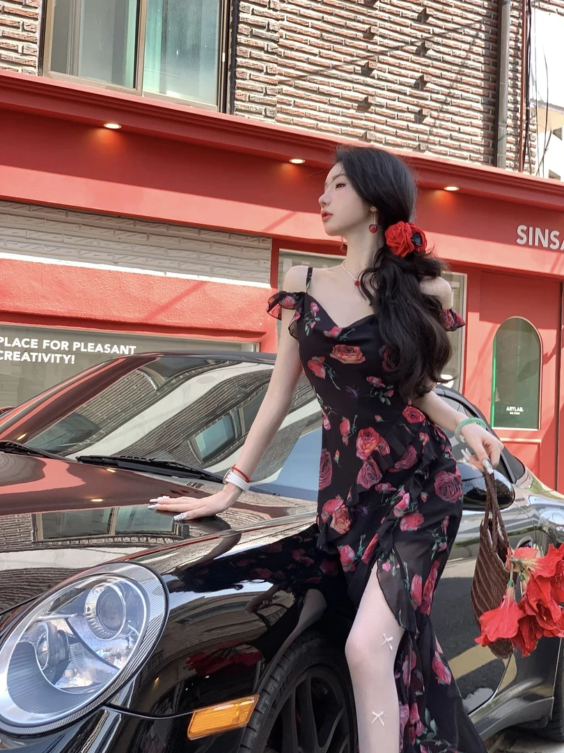 暮夜玫瑰 法式复古玫瑰印花设计V领吊带连衣裙优雅时髦显瘦长裙女