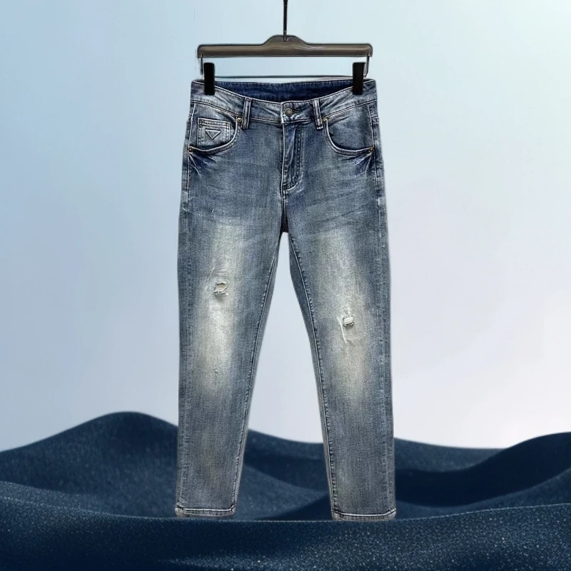 巴赛娜缇时尚休闲通勤男士牛仔裤夏季新款破洞水洗修身小脚裤薄