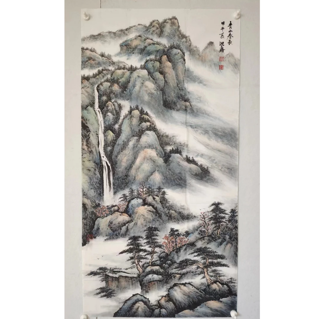 2476 多年前纯手绘老字画《青山春长》中堂  尺寸 137×68