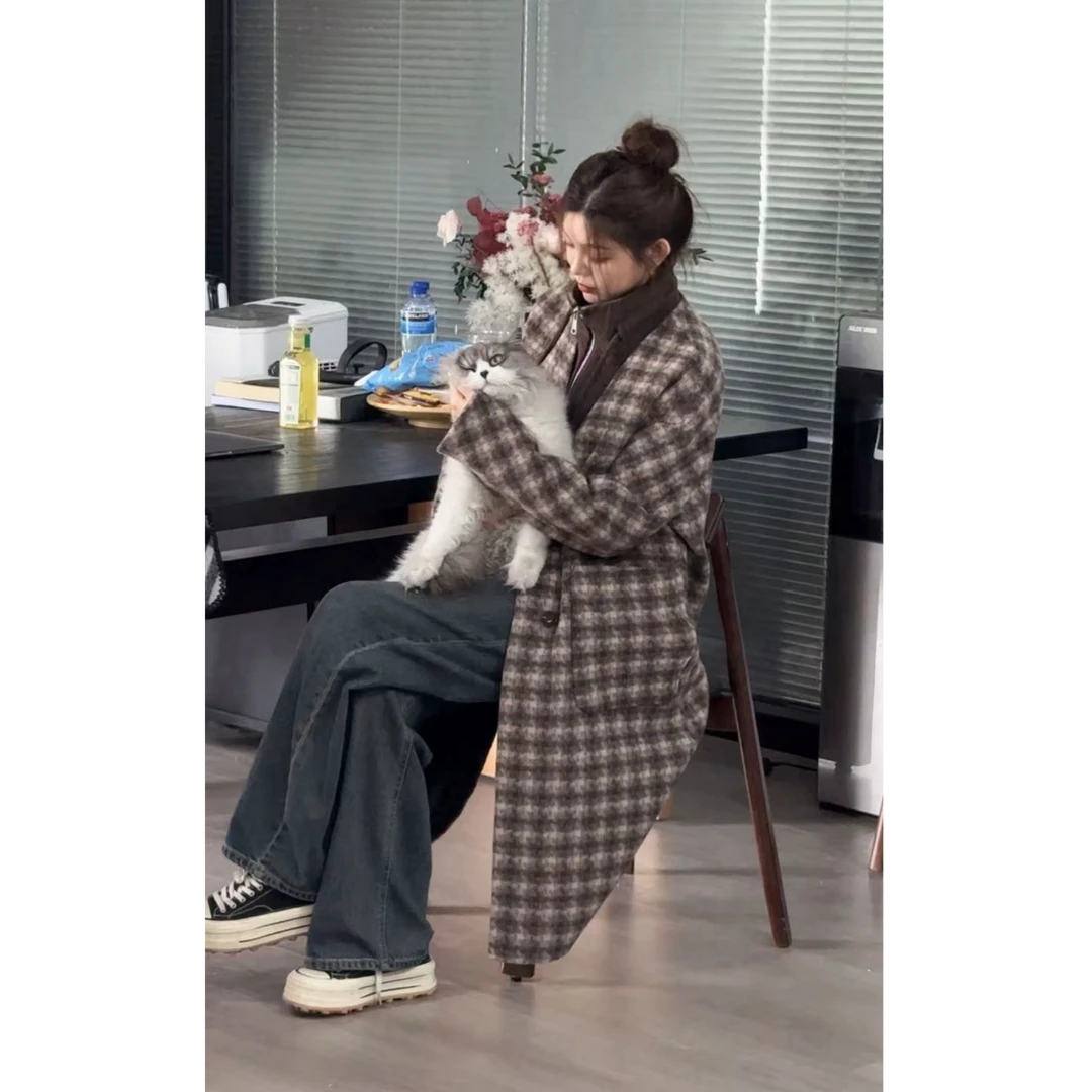 【】格子极简风见外包装薄款毛呢外套呢大衣经典25544